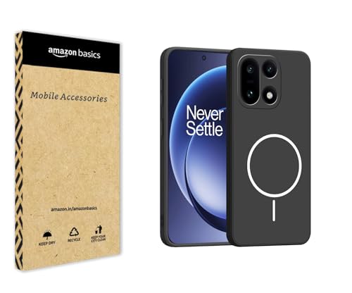 Image of amazon basics Back Cover for OnePlus 15 5G | Ultra Slim Soft Rubberised Case | Magsafe Logo Printed (Not Magsafe Compatible) | Camera Protection - Black