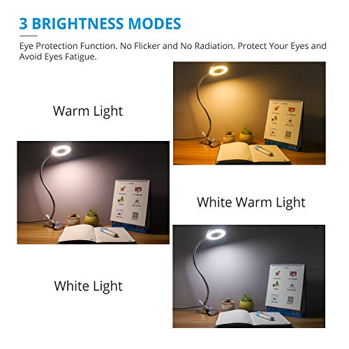 Led Clip Reading Light, 24 LEDs USB Clip on Lamp with 3 Color Mode and 10 level dimmer, Eye Care Lamp with 360 ° Flexible Gooseneck, Memory Function&Auto Off Function Book Light