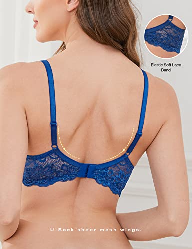 Deyllo Women’s Push Up Lace Bra Comfort Padded Underwire Bra Lift Up Add One Cup(Sapphire Blue,32B) #TOP3