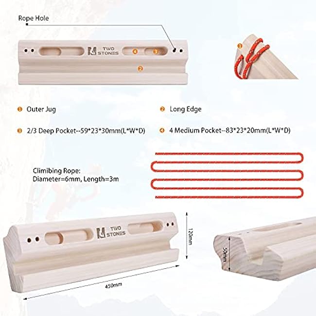 TWO STONES Portable Fingerboard as Rock Climbing Training Boards with Edges and Pockets, Portable Climbing Hangboard as Rock Climbing Finger Strengthener Training Indoor and Outdoor (CJ-HB2024)