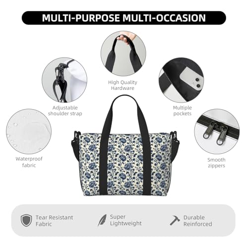 Travel Duffle Bags For Women Men - Retro Blue Flowers Print Personal Item Weekender Overnight Gym Carry On Airport Tote Bag With Strap For Yoga, Travel, Business Trips3