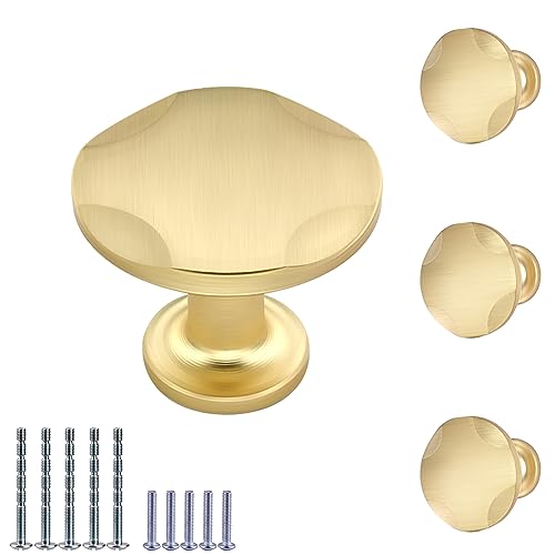 IAFVKAI 4 Pack Cabinet Knobs Zinc Alloy Drawer Knob Brushed Brass Round Cabinet Kitchen Handle Gold Door Dresser Knob for Kitchen Cupboard