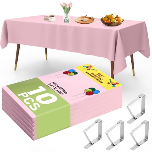 YSOOUA Lot de 10 nappes jetables rectangulaires - En plastique imperméable - 137 x 274 cm - Table à bière avec pinces de table - Pour fête, mariage - Rose
