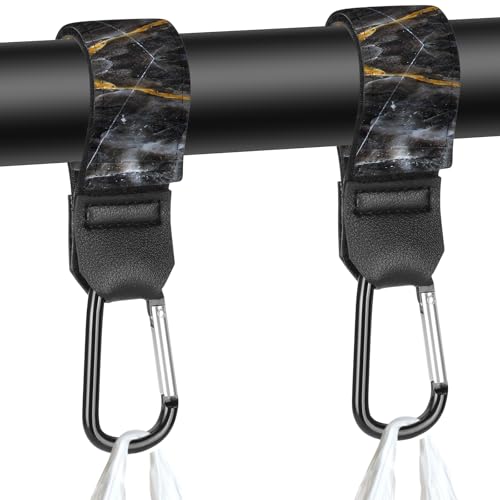 Stroller Straps, Mommy Hooks Diaper Bags, Universal Shopping cart, Wallet, Backpack - 2 Packs (Black Marble)