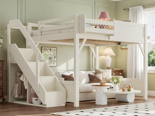 Image of KEIKI Solid Wood Full Size Loft Bed Frame with Stairs, Built-in Wardrobe and Storage Space, Full Loft Bed with Shelves, Full-Length Guardrails, No Box Spring Needed for Bedroom, Beige