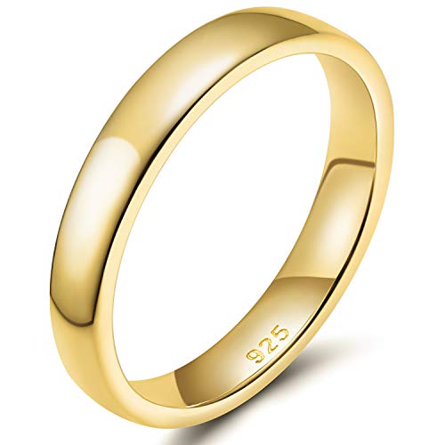 EAMTI 4mm 925 Sterling Silver Ring Yellow Gold High Polish Plain Dome Wedding Band Comfort Fit Size 6.5