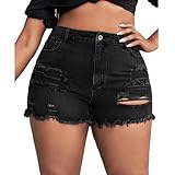 MapleHub Plus Size Women's Ripped Denim Jean Shorts High Waisted Stretchy Folded Hem Short Jeans Dark Black