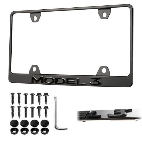 Model 3 License Plate Frame Stealth Black Powder Coat UV Resistant Rust-Proof Steel Plate Holder - One Piece - Compatible with 2017-2025 Tesla Model3 EV (3D RAISED LETTERS with MOUNTING HARDWARE)
