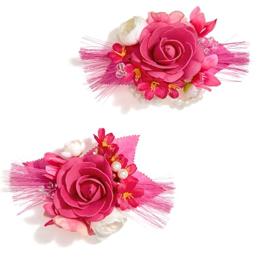 Serwalin 2Pcs Hot Pink Wrist Corsage Wristlet for Wedding Prom, 6-7Inch