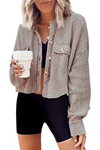 Panadila Women's Cropped Waffle Knit Shacket Short Button Down Jacket Batwing Sleeve Shirts with Pocket2