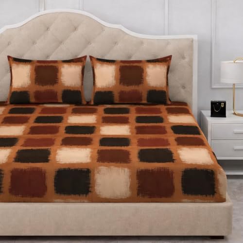 Image of 300 TC Cotton Feel Glace Cotton Elastic Fitted Bedsheet for King Size Double Bed | Fits up to 8 Inch Mattress | Printed Bedsheet with 2 Pillow Covers (Coffee Box, Queen Size - 60 inchx78 inch)
