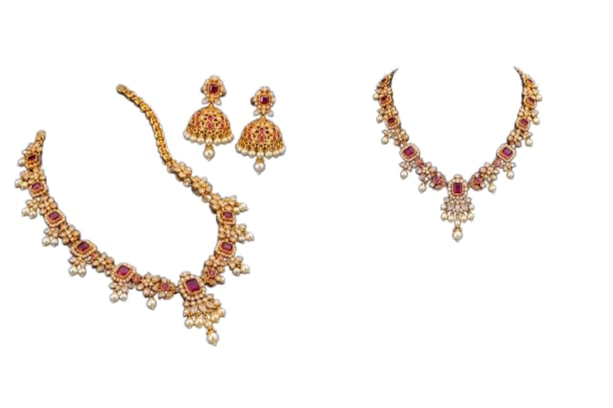Gold-Toned Ruby & Pearl Necklace Set with Jhumka Earrings