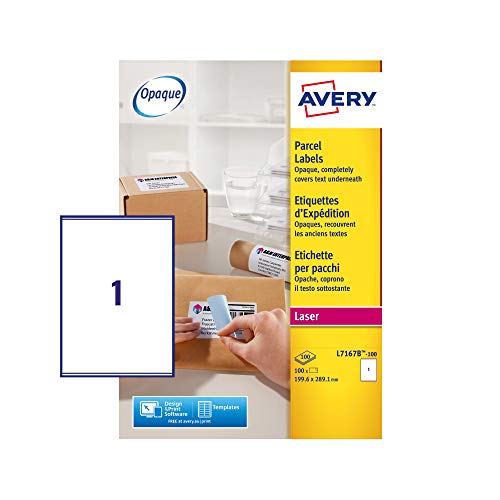 Avery Parcel Labels L7167B, BlockOut, 199.6 x 289.1 mm, White, 1 per A4 Sheet, 100 Labels – Permanent Adhesive, Laser Printer, JamFREE Printing, QuickPEEL, FSC Paper