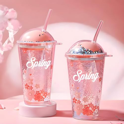 Image of Drinking Glasses Tumbler with Plastic Gliter Lid and Straw - 450ml, Set of 1, Travel Sipper Bottle for Juice Cocktail Iced Tea Coffee Smoothie Hot Cold Drink Cup Home & Travel