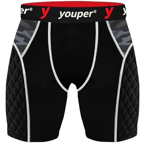 Youper Youth Elite Padded Sliding Shorts with Cup Pocket, Boys Compression Slider Shorts for Baseball & Football, Black/Camo, XL