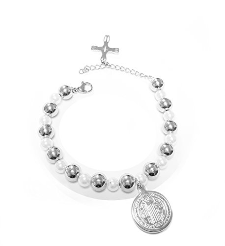 Catholic - Stainless Steel Saint Benedict Pearls and Beads Bracelet - San Benedicto - San Benito