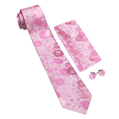 Image of Barry.Wang Flower Ties for Men Handkerchief Cufflinks Set Wedding Necktie Set Party