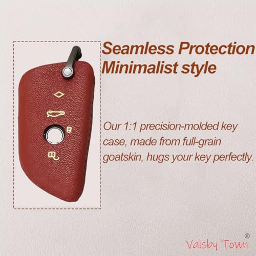 Image of Car Key Fob Cover Compatible with BMW 2 3 5 6 7 Series X1 X3 X4 X5 X6 X7 Z4 | Genuine Goat Leather Hand-Stitched, Volcano Red Premium Protective Case with Strap & Keychain