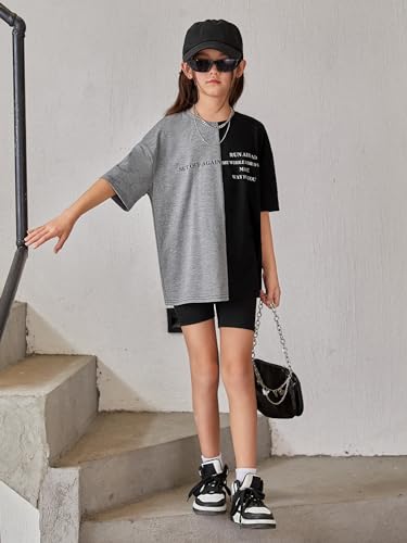 Image of OYOANGLE Girl's Graphic Print Colorblock Half Sleeve Round Neck Shirt Tops Summer Casual Loose Tee Shirts