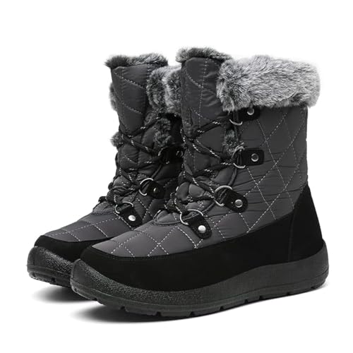 ZEENXIUYA Snow Boots Women Warm Cold Protection Fashion Lace-Up Cold Mid Calf Protection Waterproof Lightweight Snow Boots Thick Warm Lining Grey/Size 11