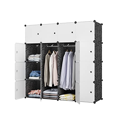 Aeitc Portable Wardrobe Closets 14 x18  Depth Cube Storage, Bedroom Armoire, Storage Organizer with Doors, 16 Cubes, Black