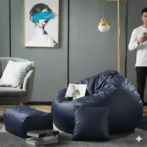 Image of Luxury 5XL Jumbo Bean Bag with Footrest & Cushion | Premium Leatherette | High-Density Beans Filled | Heavy Duty Double Stitch | 6 Months Warranty Color- (Navy Blue) (Navy Blue)
