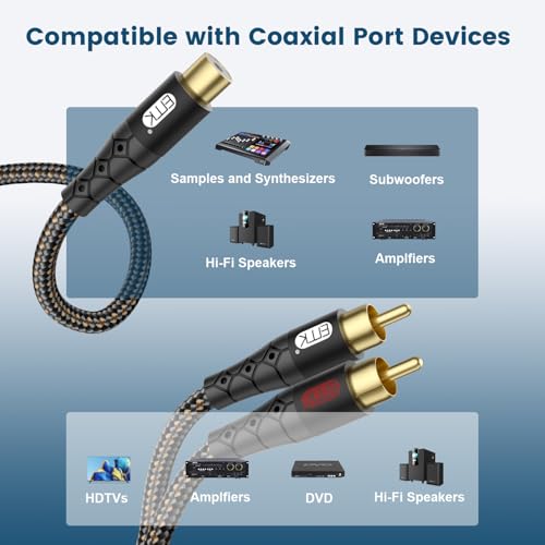 Image of EMK RCA Splitter 2 Male to Female Extension Cable Dual Shielding Gold Plated Nylon Braided RCA Splitter 1 Female to 2 Male Cord Adapter Black /1ft /30CM