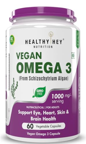 HealthyHey Nutrition Natural Omega 3 – Support Heart, Brain & Joint – Sourced from Algae – Fish Oil-free – 60 Veg Capsules HealthyHey Nutrition Natural Omega 3 – Support Heart, Brain & Joint – Sourced from Algae – Fish Oil-free – 60 Veg Capsules