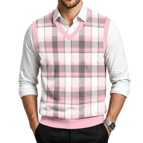 Christmas Sweater Vest Men V Neck Plaid Knit Lightweight Pullover Sweater - image 1