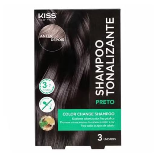 Shampoo Tonalizante Kiss New York para Cabelo Preto, 3 Unidadesde x 30ml, Cobertura de Fios Grisalhos, Coloração Sem Amônia