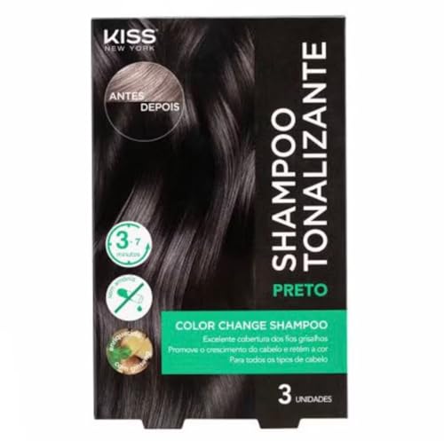 Shampoo Tonalizante Kiss New York para Cabelo Preto, 3 Unidadesde x 30ml, Cobertura de Fios Grisalhos, Coloração Sem Amônia