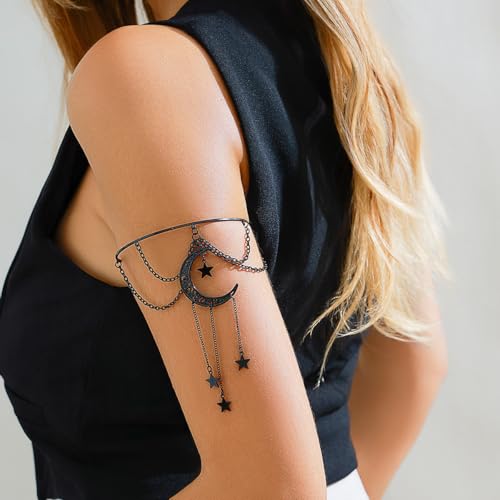 Gothic Arm Cuff Punk Cross Moon Cuff Bracelets Black Crystal Pendant Chain Multi-layer Open Arm Bracelet2