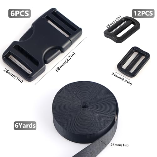 LEBATSION Kit de correias de fivelas 2,5 cm - 6 peças de fivelas de liberação dupla lateral, 12 peça