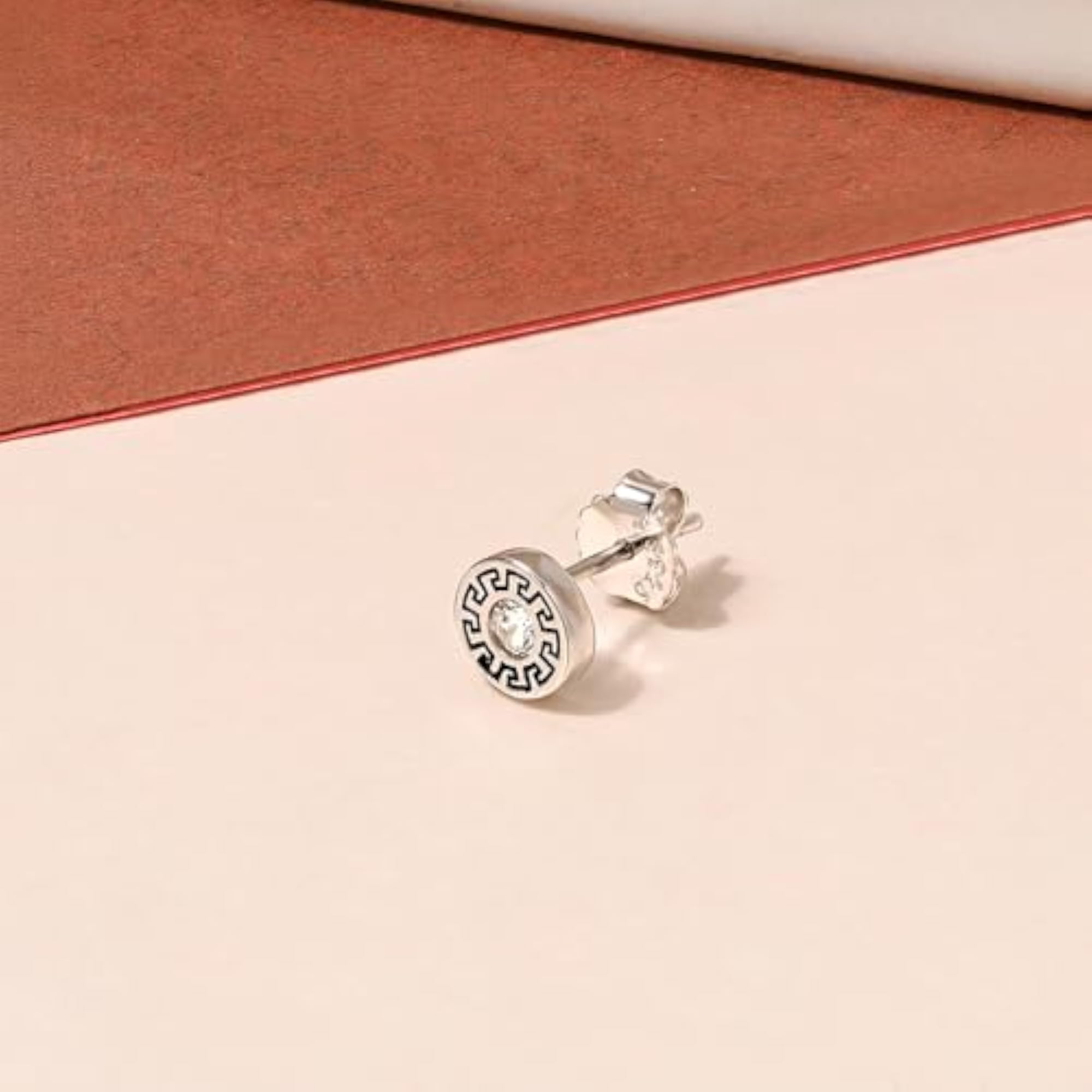 Men's Pure 925 Silver Greek Key Stud Earrings