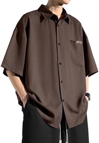 （16:00時点） [Metakey] メンズ シャツ 半袖 夏服 五分袖 冷感 メンズ おおきい サイズ ゆったり アイスシルク かっこいい 快適通 大きいサイズ 気性 軽い 柔らかい ビジネス カジュアル ビッグ シルエット おしゃれ 無地 シンプル オシャレ (JP, アルファベット, L, 12#:ブラウン)