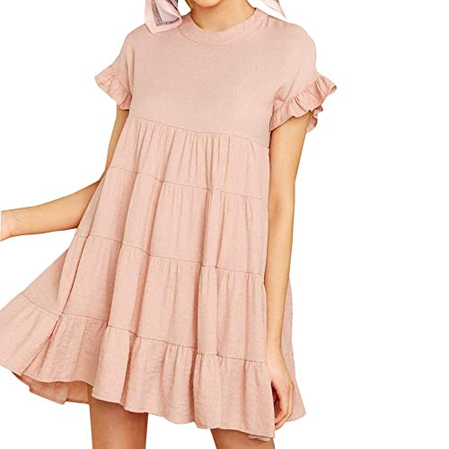 Joteisy Womenâ€™s Summer Ruffle Sleeve Round Neck Loose Fit Casual Swing Short Mini Dress (M, Khaki)