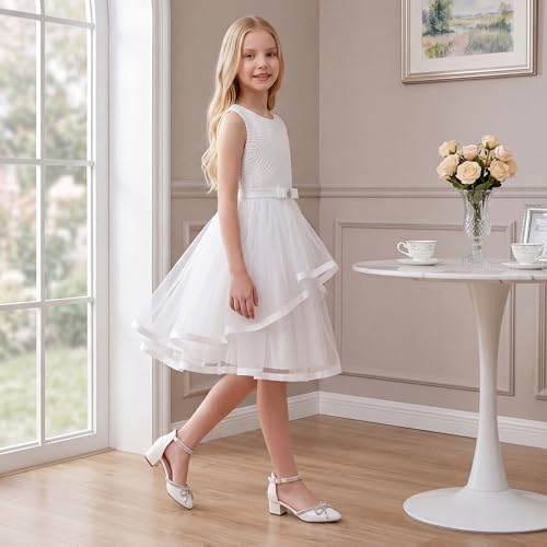 Image of LAURMOSA Girls Sandals Closed Toe High Heels Pointed Toe Ankle Strap Pumps Flower Girl Dressy Shoes in Wedding Party Cute Bowknot Chunky Block Heeled for Little Big Kids