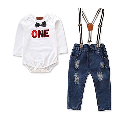 Toddler Baby Boy 1st Birthday Cake Smash Outfit Formal Gentleman Suit Dress Shirt Tuxedo Bowtie One Romper Bodysuit Y Back Suspenders Ripped Denim Pants Wedding Party Clothes Set One Blue 3-6 Months