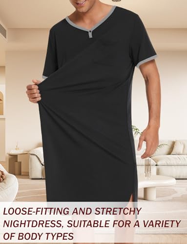Men's Short Sleeve Nightshirt Long Nightgown Casual Color Block Sleep Shirt with Pocket S-XXL3