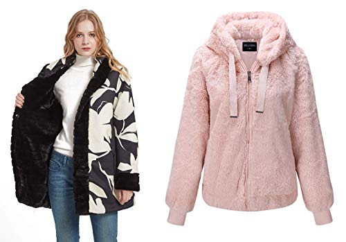 Bellivera Womens Double Sided Faux Fur Jacket Hooded with Fur Collar