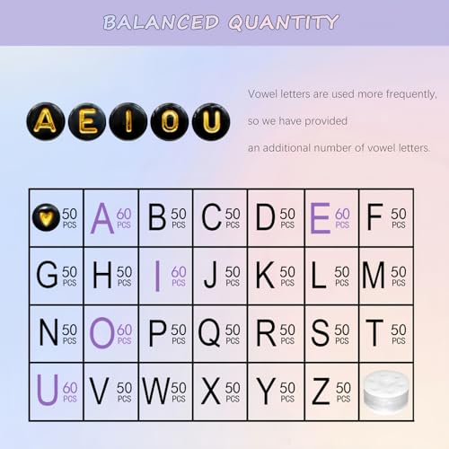 Image of Looconi 1400pcs 4x7mm Black Letter Beads Round Acrylic with Gold Alphabet A-Z Heart Pattern Beads and Crystal Line for Jewelry Making (Black&Gold)
