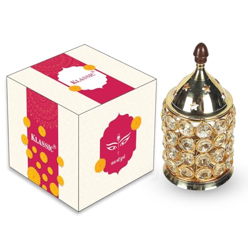 Image of Klassic Decor Brass and Crystal Horizontal Shape Akhand Diya /Table Deepak /Oil Lamp with Plastic knob, Medium Size (Pack of 1, Golden)