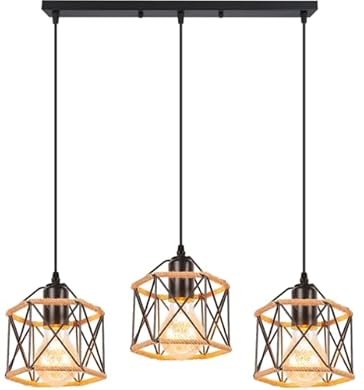Foto di PETITES ECREVISSES Lampadario a Sospensione Vintage 3 Luci Industriale E27 Plafoniera Retro in Metallo gabbia Lampada da soffitto con Corda di Canapa per Cucina Salotto (Nero - A)