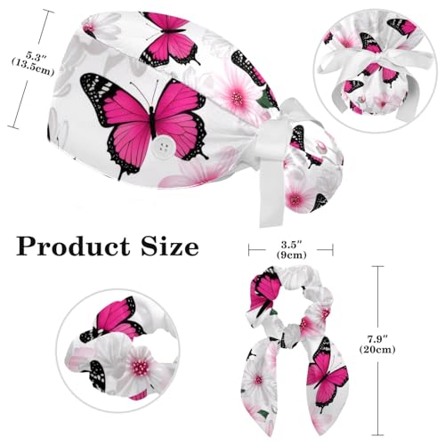Image of Colored Butterflies Scrub Caps Women, Adjustable Working Cap with Button, Surgical Caps with Bow Hair Scrunchy