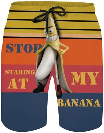 Stop Staring at My Banana Funny Custom Trunks Men's Quick Dry Beach Shorts with Mesh Lining and Pockets XL