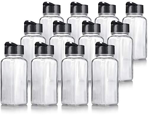 JUVITUS 4 oz / 120 ml Clear Glass Square Spice Jar with Black Sifter (12 pack) Two Sided Sifter Cap (shaker holes/pour open) and Freshness Seal for a professional look