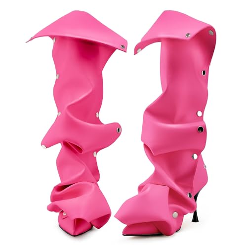 KaroNairy Knee High Boots for Women Pointed Toe Stiletto High Heel Boot Detachable Snap-off Panel Fold Over Fall Shark Boots