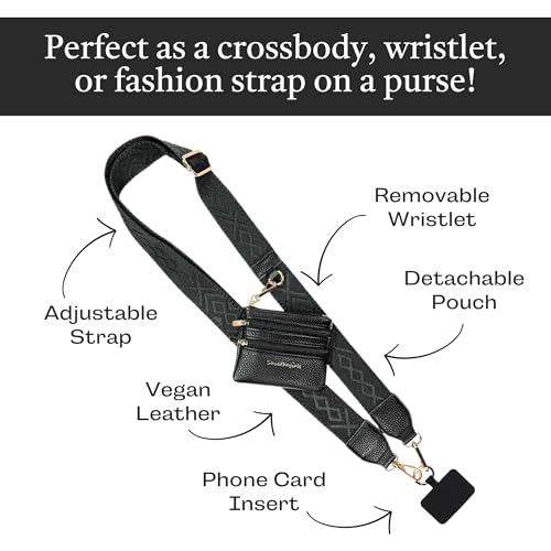 Image of Save the Girls Original Clip and Go Phone Strap Pattern (Classic - Black) - Crossbody Phone Strap Chain with Zipper Wallet Pouch - Phone Lanyard Zippered