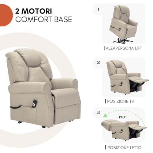 POLTRONE ITALIA Angela 2 Motoren PERSONALISIERTEN fernsehsessel mit aufstehhilfe elektrisch Medizinisches Gerät Trolley-Räder Flauschige Mikrofedersitz schmutzabweisend Hellbeige – Bild 5