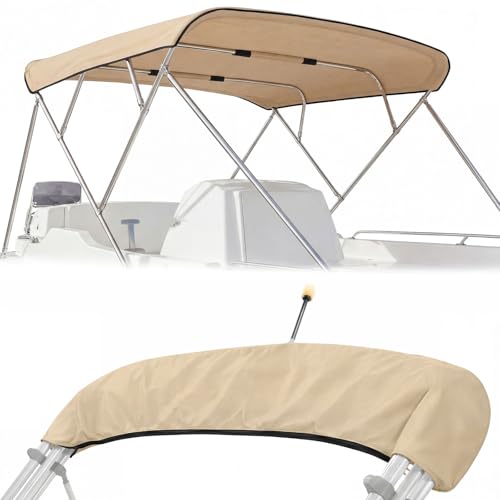 900D Boat Bimini Top Replacement Canvas Cover 4 Bow 96L x 97-103 W Khaki Waterproof UV Resistant Marine Canopy with Zipper Sleeves & Storage Boot Fit Pontoon Jon Boats (Frame Not Included)